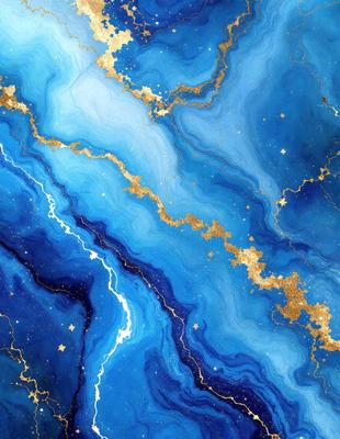 The primary subject of the image is a blue and gold painting of a galaxy. The setting is a blue and gold background, which complements the painting. The visual style is a digital art or illustration, creating a vibrant and colorful atmosphere. The dominant colors are blue and gold, with the gold adding a touch of warmth to the overall mood of the painting.