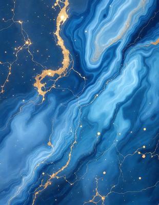 The primary subject of the image is a blue and gold swirling pattern, which appears to be a digital art or illustration. The setting is a blue and gold background, and the visual style is a combination of digital art and illustration. The dominant colors in the image are blue and gold, creating a vibrant and lively atmosphere.