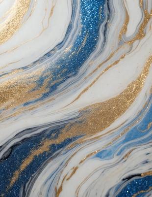 The primary subject of the image is a marble-like surface with a gold and blue color scheme. The setting is a patterned marble-like surface, which appears to be a decorative item or a piece of art. The visual style is a combination of digital art and illustration, creating a unique and eye-catching design. The colors and mood of the image are vibrant and lively, with the gold and blue hues evoking a sense of luxury and sophistication.