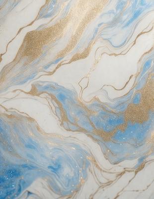 The primary subject of the image is a marble-like surface with a gold and blue color scheme. The setting is a patterned marble countertop, and the visual style is a combination of digital art and illustration. The dominant colors are gold and blue, creating a luxurious and elegant atmosphere.