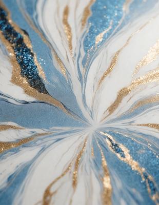 The primary subject of the image is a blue and gold swirl pattern, which is the main focus of the image. The setting is a white surface, possibly a wall or a piece of paper. The visual style is a combination of digital art and illustration, creating a unique and eye-catching design. The dominant colors are blue and gold, giving the pattern a vibrant and lively appearance.