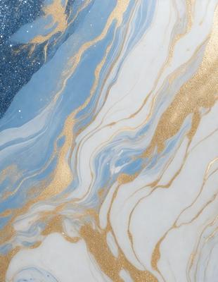 The primary subject of the image is a marble-like surface with a gold and blue color scheme. The setting is a white marble countertop, and the visual style is a combination of digital art and illustration. The dominant colors are gold and blue, creating a luxurious and elegant atmosphere.