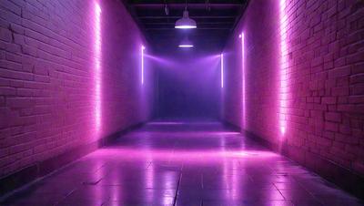 The primary subject of the image is a long, narrow hallway with a purple glow. The setting is a brick wall, and the visual style appears to be a photo. The dominant colors in the image are purple and pink, creating a moody and atmospheric ambiance.