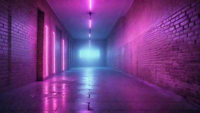 The primary subject of the image is a long, narrow hallway with a brick wall. The setting is a dark, pink-lit environment, creating a moody atmosphere. The visual style is a combination of a photo and digital art, as the hallway appears to be a part of a larger digital artwork. The dominant colors are pink and purple, which contribute to the overall mood of the scene.