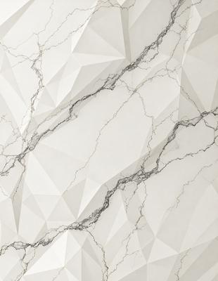 The primary subject of the image is a white marble wall with a pattern of triangles. The setting is a room with a white background, and the visual style is a close-up of the marble wall. The colors and mood of the image are predominantly white, giving it a clean and elegant appearance.