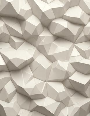 The primary subject of the image is a white, textured wall with a pattern of white triangles. The setting is a room with a white background, and the visual style appears to be a combination of digital art and illustration. The dominant colors are white, and the overall atmosphere is clean and minimalistic.