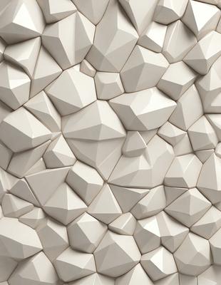 The primary subject of the image is a large white wall with a pattern of white cubes or diamond shapes. The setting is a white room, and the visual style appears to be a combination of digital art and illustration. The dominant colors are white, and the overall atmosphere is clean, minimalistic, and modern.