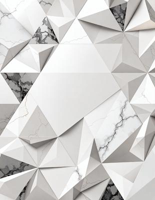 The primary subject of the image is a white marble wall with a pattern of triangles. The setting is a room with a marble floor, and the visual style is a combination of photo and digital art. The dominant colors are white and gray, creating a clean and modern atmosphere.