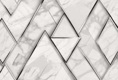 The primary subject of the image is a marble wall with a pattern of triangles. The setting is a room with a white marble wall, and the visual style is a close-up of the marble wall. The colors and mood of the image are predominantly white, giving it a clean and elegant appearance.