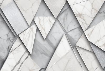 The primary subject of the image is a marble wall with a pattern of triangles. The setting is a room with a white marble wall, and the visual style is a combination of photo and digital art. The dominant colors are white and gray, creating a clean and elegant atmosphere.