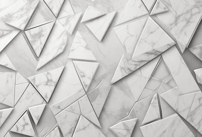 The primary subject of the image is a marble wall with a pattern of triangles. The setting is a room with a white marble wall, and the visual style is a close-up of the wall. The colors and mood of the image are predominantly white, giving it a clean and elegant appearance.