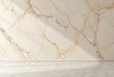 The primary subject of the image is a marble wall with a sunlight shining on it. The setting is a room with a white floor, and the visual style is a photo. The colors and mood of the image are predominantly white, giving it a clean and elegant appearance.