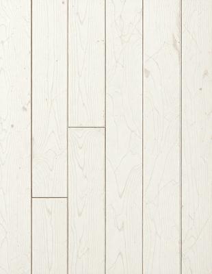 The primary subject of the image is a wooden floor with a white color. The setting is a room with a white color scheme. The visual style is a photo of a wooden floor. The colors and mood are predominantly white, giving the room a clean and minimalist appearance.