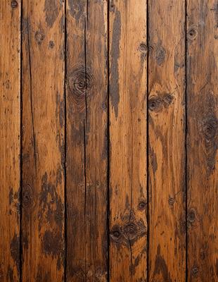 The primary subject of the image is a wooden floor with a worn and aged appearance. The setting is a room with a wooden surface, possibly a wall or a floor. The visual style is a close-up of the wooden floor, showcasing its texture and details. The colors and mood of the image are predominantly brown and worn, giving it a sense of history and character.
