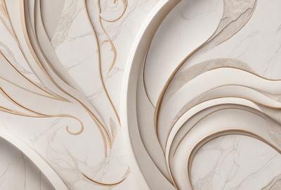 The primary subject of the image is a marble wall with a design that resembles a flower. The setting is a room with a white marble wall, and the visual style appears to be a combination of a photo and digital art. The colors and mood of the image are predominantly white, giving it a clean and elegant appearance.