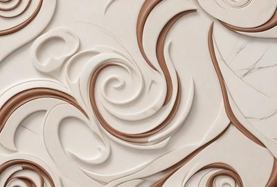 The primary subject of the image is a white and brown decorative wall, featuring a pattern of swirls and curves. The setting is a room with a white and brown color scheme. The visual style is a combination of digital art and illustration, creating a unique and artistic design. The dominant colors are white and brown, giving the wall a warm and inviting atmosphere.