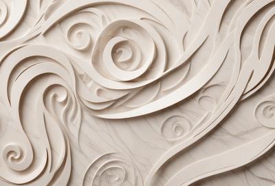 The primary subject of the image is a white marble wall with a decorative design. The setting is a room with a marble surface, and the visual style is a combination of digital art and illustration. The colors and mood of the image are predominantly white, giving it a clean and elegant appearance.