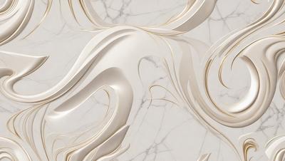 The primary subject of the image is a white marble wall with a pattern of swirls and curves. The setting is a white marble wall, which serves as the background. The visual style is a combination of digital art and illustration, creating a unique and artistic design. The dominant colors are white and gold, giving the wall a luxurious and elegant appearance. The overall atmosphere is one of sophistication and elegance.