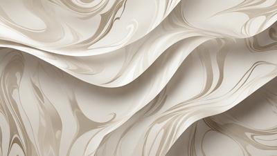 The primary subject of the image is a large, white, flowing wallpaper with a pattern of swirls and waves. The setting is a room with a white wall, and the visual style appears to be a combination of a photo and a digital art or illustration. The dominant colors are white and gray, creating a clean and modern atmosphere.