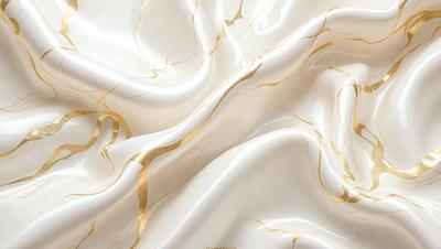 The primary subject of the image is a white marble countertop with gold accents. The setting is a kitchen, and the visual style is a combination of photo and digital art. The countertop has a gold and white color scheme, giving it a luxurious and elegant appearance.