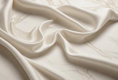 The primary subject of the image is a white sheet of fabric, possibly a tablecloth or a piece of clothing. The setting is a marble table, which serves as the background for the fabric. The visual style of the image is a close-up of the fabric, showcasing its texture and details. The colors in the image are predominantly white, giving the scene a clean and elegant appearance.