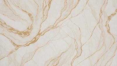 The primary subject of the image is a marble wall with a gold-colored design. The setting is a room with a white background, and the visual style is a close-up of the marble wall. The colors and mood of the image are warm and elegant, with the gold and white colors creating a luxurious and sophisticated atmosphere.