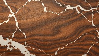 The primary subject of the image is a wooden surface with a unique and intricate pattern. The setting is a close-up of the wooden surface, showcasing the details of the pattern. The visual style is a close-up of the wooden surface, which gives a sense of depth and texture. The colors and mood of the image are warm and earthy, with the wooden surface being the dominant color.