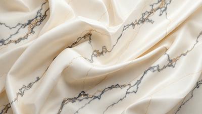 The primary subject of the image is a white fabric with gold accents, which is draped over a marble surface. The setting appears to be a room with a marble countertop, and the visual style is a combination of a photo and digital art. The colors and mood of the image are predominantly white and gold, creating a luxurious and elegant atmosphere.