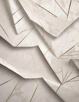 The primary subject of the image is a marble wall with a pattern of gold and white geometric shapes. The setting is a room with a marble wall, and the visual style is a combination of photo and digital art. The dominant colors are gold and white, creating a luxurious and elegant atmosphere.