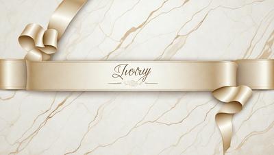 The primary subject of the image is a decorative piece of marble, featuring a gold ribbon and the word "Ivory" written on it. The setting is a white marble surface, which serves as the background for the decorative piece. The visual style is a combination of a photo and digital art, as the gold ribbon and the word "Ivory" are digitally created elements. The colors and mood of the image are predominantly white and gold, giving it a sophisticated and elegant appearance