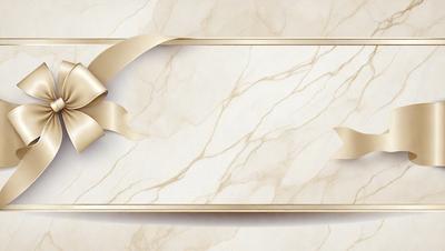 The primary subject of the image is a gold bow, which is placed on a marble surface. The setting is a white marble countertop, and the visual style is a close-up of the bow. The colors and mood of the image are elegant and sophisticated, with the gold bow and marble surface creating a luxurious and refined atmosphere.