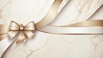 The primary subject of the image is a bow, which is tied with a gold ribbon. The setting is a marble surface, and the visual style appears to be a photo. The colors in the image are predominantly gold and white, creating a warm and elegant atmosphere.