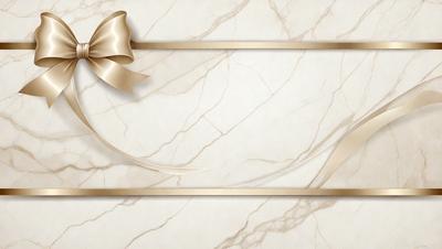 The primary subject of the image is a bow, which is tied to a gold ribbon. The setting is a marble surface, which adds a sense of elegance and sophistication to the scene. The visual style is a close-up of the bow and ribbon, emphasizing the details and texture of the materials. The colors and mood of the image are predominantly gold and neutral, creating a warm and inviting atmosphere.