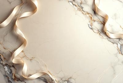 The primary subject of the image is a marble countertop with a gold ribbon wrapped around it. The setting is a kitchen, and the visual style is a close-up of the marble countertop. The colors and mood of the image are elegant and sophisticated, with the gold ribbon adding a touch of luxury to the marble surface.