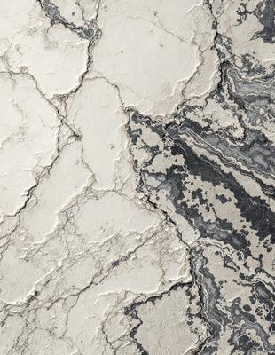 The primary subject of the image is a marble wall with a pattern of holes and cracks. The setting is a room with a stone wall, and the visual style is a close-up of the marble wall. The dominant colors are gray and white, creating a mood of elegance and sophistication.