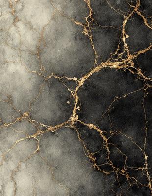The primary subject of the image is a close-up of a black and gold wallpaper, showcasing its intricate design. The setting is a black and gold wallpapered room, which serves as the background. The visual style is a close-up of the wallpaper, highlighting its details. The dominant colors in the image are black and gold, creating a luxurious and elegant atmosphere.