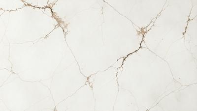 The primary subject of the image is a white marble wall with a cracked and chipped appearance. The setting is a room with a white marble floor. The visual style is a close-up of the marble wall, showcasing its unique texture and appearance. The colors and mood of the image are predominantly white, giving it a clean and minimalist feel.