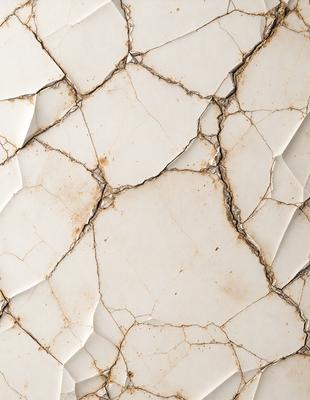 The primary subject of the image is a white tile with a cracked and chipped surface. The setting is a bathroom, as indicated by the presence of a sink. The visual style is a close-up of the tile, showcasing its damaged appearance. The colors and mood of the image are predominantly white, with the cracked tile adding a sense of wear and tear to the scene.