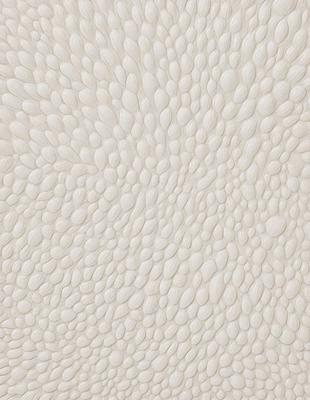 The primary subject of the image is a white, textured surface with a pattern of white flowers. The setting is a white wall, and the visual style appears to be a combination of a photo and a digital art or illustration. The dominant colors are white, and the overall atmosphere is clean and elegant.