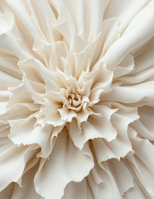 The primary subject of the image is a white flower, which is the main object, scene, or focus of the image. The setting is a white background, which provides a clean and minimalistic environment. The visual style is a close-up of the flower, showcasing its details and texture. The colors and mood of the image are predominantly white, giving it a clean, serene, and elegant appearance.