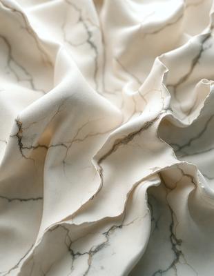 The primary subject of the image is a white sheet of fabric, possibly a piece of clothing or a tablecloth. The setting is a marble table, which serves as the background for the fabric. The visual style of the image is a close-up, showcasing the fabric's texture and details. The colors in the image are predominantly white, giving it a clean and elegant appearance. The overall mood of the image is one of sophistication and refinement.