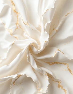 The primary subject of the image is a white sheet of fabric with gold designs on it. The sheet is draped over a surface, creating a visually appealing and elegant display. The setting appears to be a room with a table, and the visual style is a combination of a photo and digital art, giving the image a unique and artistic appearance. The colors and mood of the image are predominantly white and gold, creating a sense of luxury and sophistication.