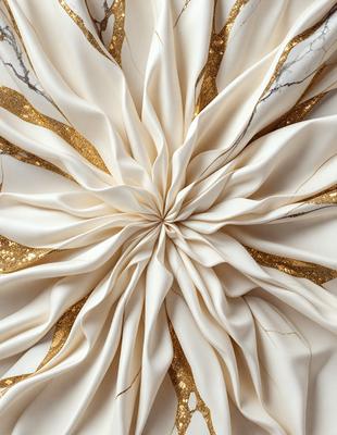 The primary subject of the image is a white flower with gold accents. The flower is the main focus of the image, and it is set against a white background. The visual style of the image is a combination of photo and digital art, creating a unique and eye-catching design. The dominant colors in the image are white and gold, giving the flower a luxurious and elegant appearance.