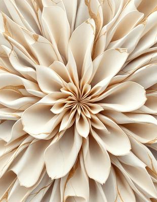 The primary subject of the image is a white flower made from paper. The setting is a close-up of the flower, showcasing its intricate details. The visual style is a combination of digital art and illustration, as the paper flower appears to be a creative and artistic representation. The colors and mood of the image are predominantly white, giving it a clean and elegant appearance.
