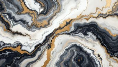 The primary subject of the image is a marble-like pattern with gold and black colors. The setting is a marble-like surface, which could be a marble countertop or a marble-like patterned wallpaper. The visual style is a combination of a photo and a digital art, illustration, or drawing. The dominant colors are gold and black, creating a luxurious and elegant atmosphere.