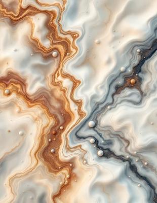 The primary subject of the image is a marble-like pattern with a mix of brown, white, and orange colors. The setting is a marble-like surface, which could be a marble countertop or a marble-like patterned wallpaper. The visual style is a close-up of the marble-like pattern, showcasing its intricate details. The colors and mood of the image are warm and inviting, with the brown, white, and orange colors creating a sense of natural beauty and elegance