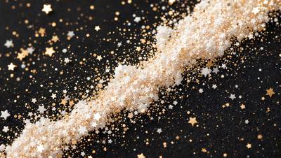 The primary subject of the image is a close-up of a white powder, likely sugar, with gold stars surrounding it. The setting is a black background, which contrasts with the white powder and gold stars. The visual style appears to be a combination of a photo and digital art, as the gold stars are digitally created and placed around the white powder. The colors and mood of the image are predominantly white and gold, giving it a warm and inviting atmosphere.