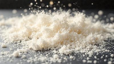The primary subject of the image is a pile of white powder, which appears to be flour. The setting is a table, and the visual style is a close-up of the flour. The colors in the image are predominantly white, giving the scene a clean and simple appearance.