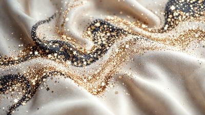 The primary subject of the image is a white sheet with gold stars and a gold pattern. The sheet is draped over a surface, creating a visually appealing and elegant display. The visual style of the image is a combination of digital art and illustration, with the gold stars and pattern creating a unique and eye-catching design. The colors and mood of the image are predominantly white and gold, giving it a warm and inviting atmosphere.