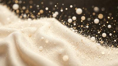 The primary subject of the image is a close-up of a white powder, possibly flour or sugar, with a few gold specks mixed in. The setting is a black background, which contrasts with the white powder and gold specks. The visual style appears to be a close-up of the powder, possibly a photo or a digital artwork. The colors and mood of the image are predominantly white and gold, giving it a warm and inviting atmosphere.